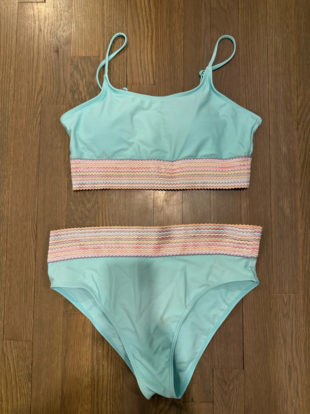 Aqua Blue Two-Piece Bikini Set with Pastel Zigzag Trim size Large